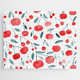 Watercolor cherries - red and teal Jigsaw Puzzle