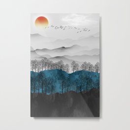 Christmas colored tress with clouds , birds , golden moon and mountains in light landscape gray background Metal Print | Digital, Mountains, Mural, Autumn, Graphicdesign, Landscape, 3Dabstract, Natural, 3Dillustration, Paint 