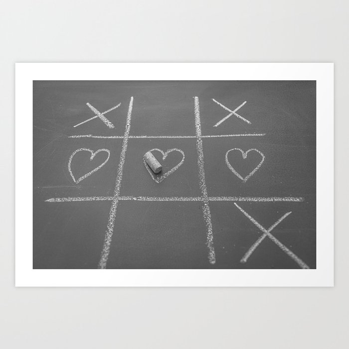 Romantic Tic-Tac-Toe with hearts; chalk on blackboard black and white photograph - photography - photographs Art Print