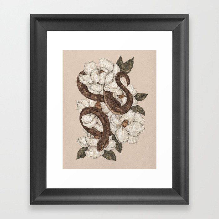 Snake and Magnolias Framed Art Print
