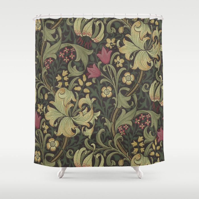 William Morris Vintage Golden Lily Black Charcoal Olive Green Shower Curtain