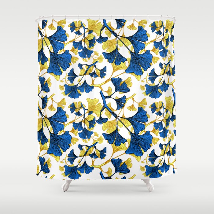 Ginko Biloba A Blue And Yellow Nature Inspired Print Shower