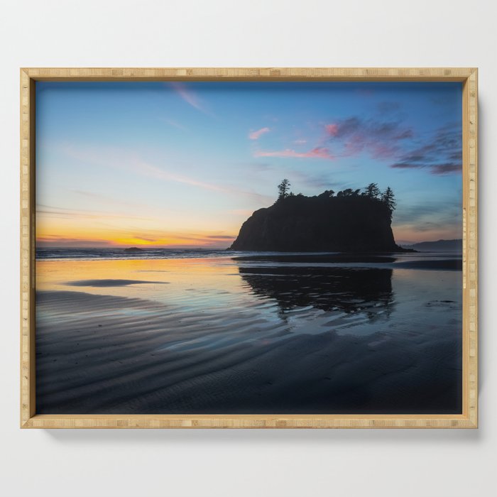 Sunset on Ruby Beach - Sea Stack Silhouette Along Coast at Ruby Beach Washington in Pacific Northwest Serving Tray