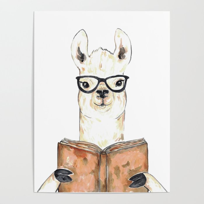  Llama reading book watercolor painting Poster