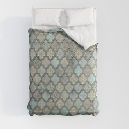 Old Moroccan Tiles Pattern Teal Beige Distressed Style Comforter