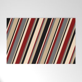 [ Thumbnail: Dim Grey, Tan, Black, Bisque & Maroon Colored Pattern of Stripes Welcome Mat ]