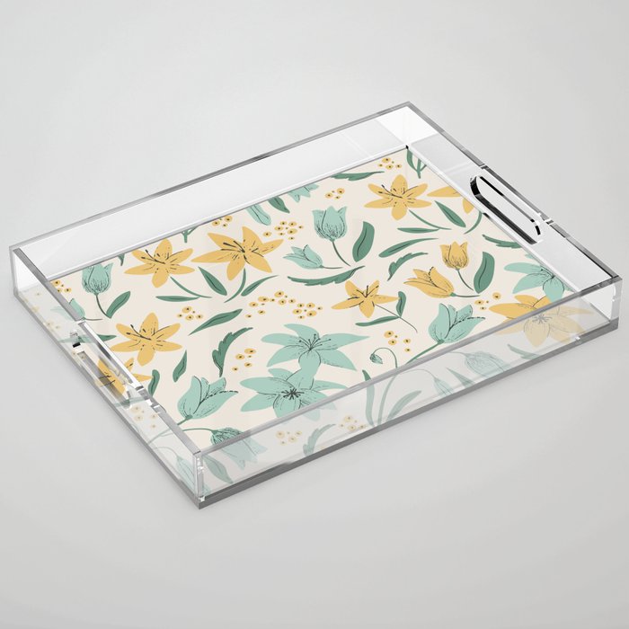 Spring Flowers Yellow Turquoise Peach Acrylic Tray