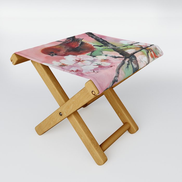 Red Summer Tanager on pink cherry blossom Folding Stool