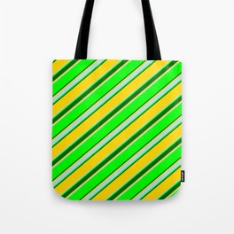 [ Thumbnail: Lime, Dark Green, Yellow & Powder Blue Colored Lines/Stripes Pattern Tote Bag ]