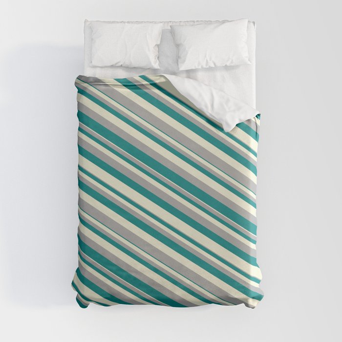 Beige, Dark Gray, and Teal Colored Pattern of Stripes Duvet Cover