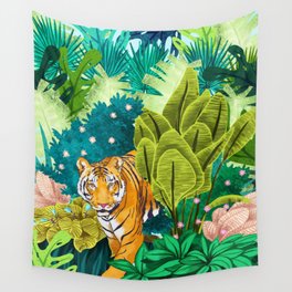 Jungle Tiger | Modern Bohemian Colorful Forest | Tropical Botanical Nature Watercolor Painting Wall Tapestry