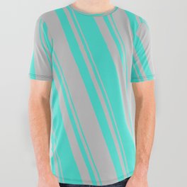 [ Thumbnail: Turquoise and Grey Colored Stripes/Lines Pattern All Over Graphic Tee ]