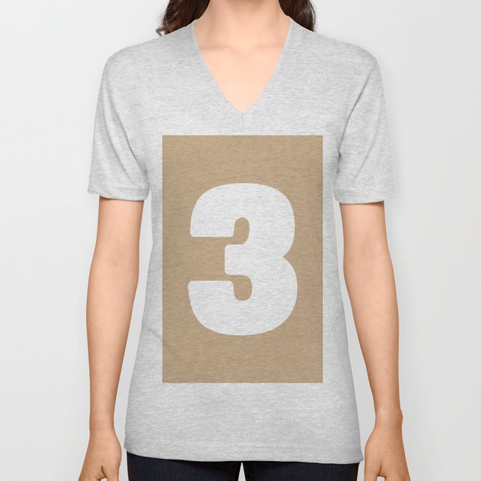 3 (White & Tan Number) V Neck T Shirt