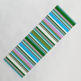 [ Thumbnail: Green, Plum, Dark Green, White & Deep Sky Blue Colored Stripes Pattern Yoga Mat ]