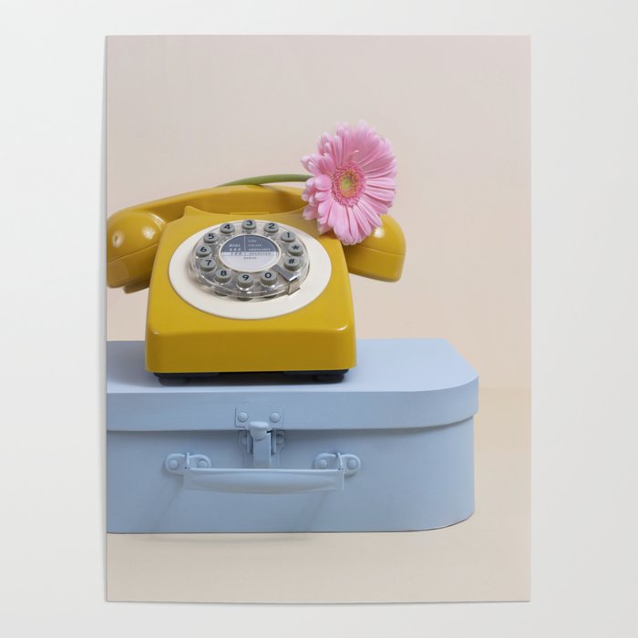 Blue case and yellow phone with pink flower Poster