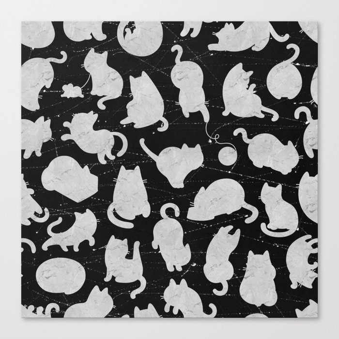 Silver Cats on Black Kitty Pattern Canvas Print