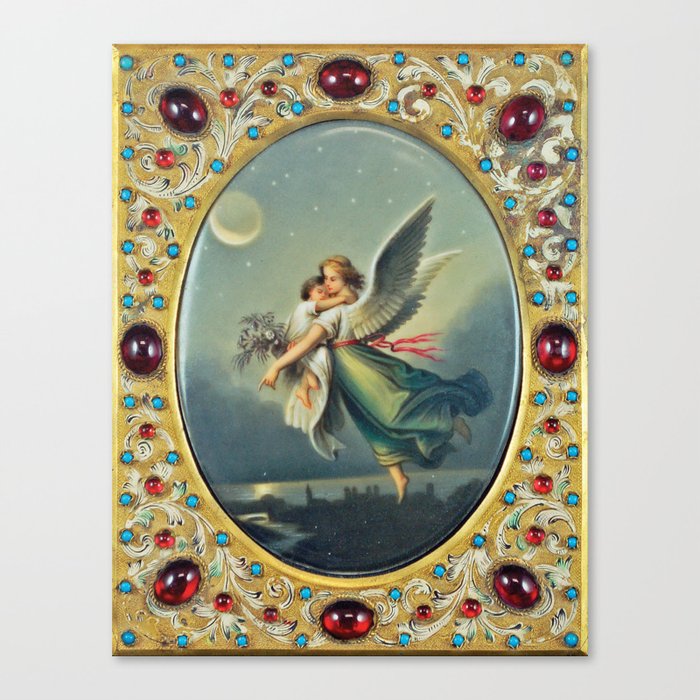 The Guardian Angel in flight over twilight in the city bejeweled portrait painting Canvas Print