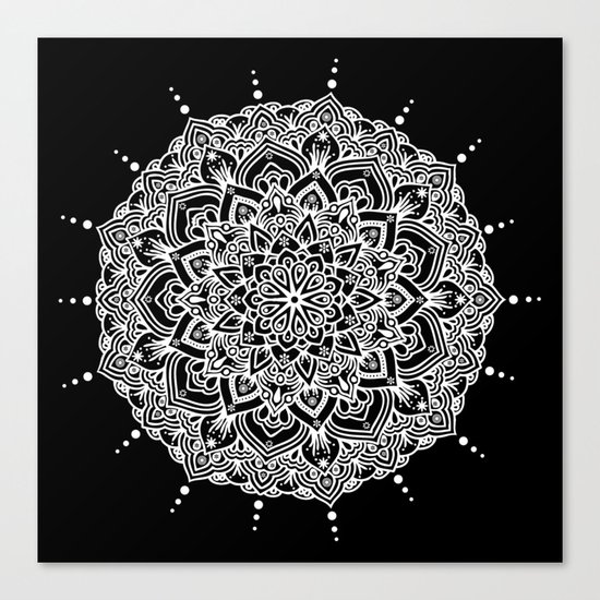 White Mandala With Droplets On Black Canvas Print