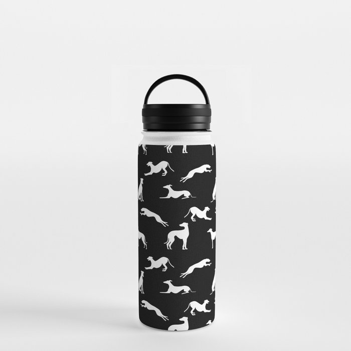 Greyhound Silhouettes White on Black Water Bottle