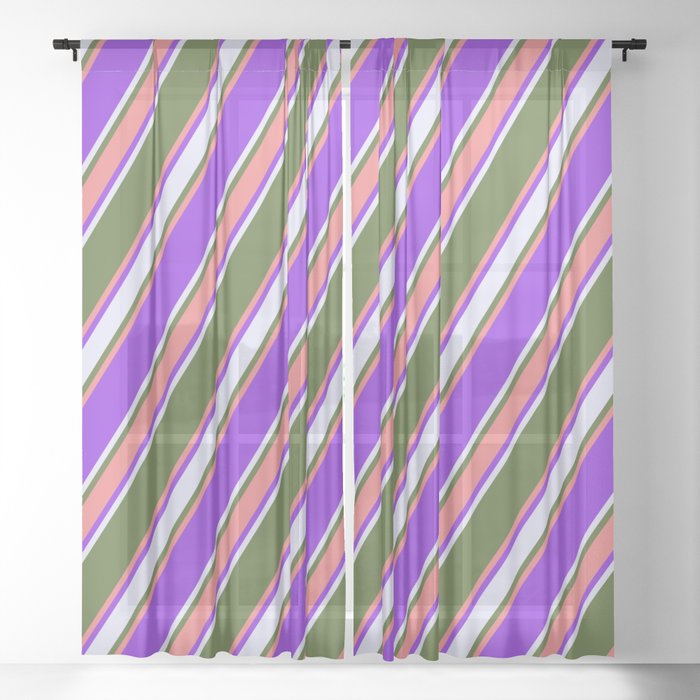 Dark Olive Green, Light Coral, Purple & Lavender Colored Stripes/Lines Pattern Sheer Curtain
