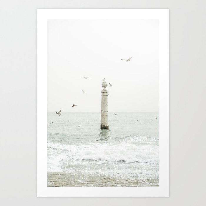 Terreiro do Paco - Minimalist White Art - Seagulls at Atlantic Ocean in Lisbon Portugal  Art Print