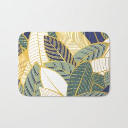 Leaf wall // navy blue pine and sage green leaves golden lines Bath Mat