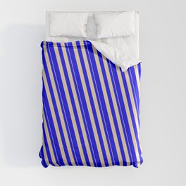 [ Thumbnail: Tan & Blue Colored Stripes/Lines Pattern Duvet Cover ]