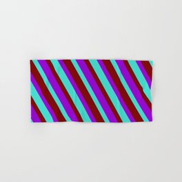 [ Thumbnail: Dark Violet, Turquoise & Maroon Colored Lines/Stripes Pattern Hand & Bath Towel ]