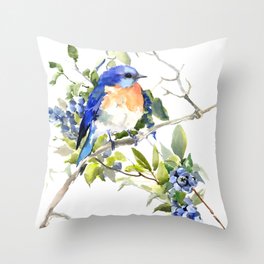 Bluebird and Blueberry Throw Pillow