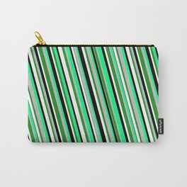 [ Thumbnail: Eye-catching Green, Grey, Forest Green, White, and Black Colored Stripes/Lines Pattern Carry-All Pouch ]