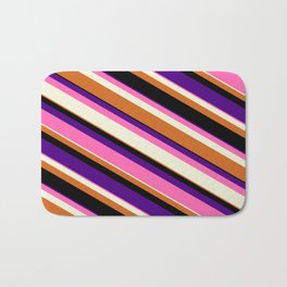 [ Thumbnail: Colorful Indigo, Hot Pink, Beige, Chocolate & Black Colored Lined Pattern Bath Mat ]
