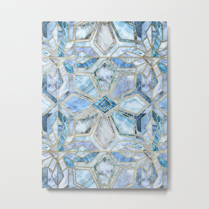 Geometric Gilded Stone Tiles in Soft Blues Metal Print