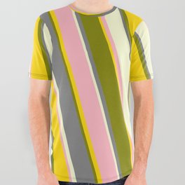 [ Thumbnail: Vibrant Light Pink, Yellow, Green, Gray, and Light Yellow Colored Stripes/Lines Pattern All Over Graphic Tee ]