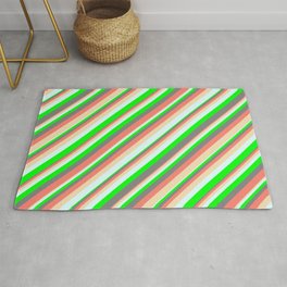 [ Thumbnail: Vibrant Gray, Salmon, Tan, Light Cyan & Lime Colored Striped Pattern Rug ]