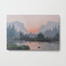 Yosemite Valley Sunrise Pretty Pink Metal Print | Adventure, Landscape, Illustration, Yosemite, Waterfall, Elcapitan, Halfdome, Painting, Nationalpark, Nature 