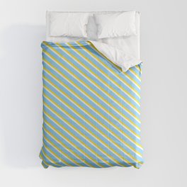 [ Thumbnail: Light Sky Blue, Yellow & Mint Cream Colored Striped Pattern Comforter ]