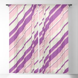 [ Thumbnail: Light Pink, Beige, and Purple Colored Lined/Striped Pattern Sheer Curtain ]