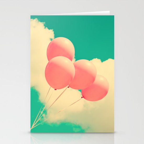 Happy Pink Balloons on retro blue sky Stationery Cards