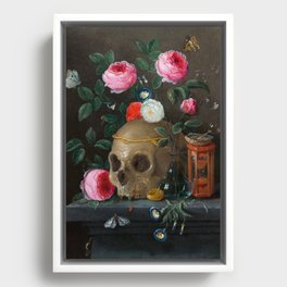 Skull with Crown and Flowers Still Life Framed Canvas