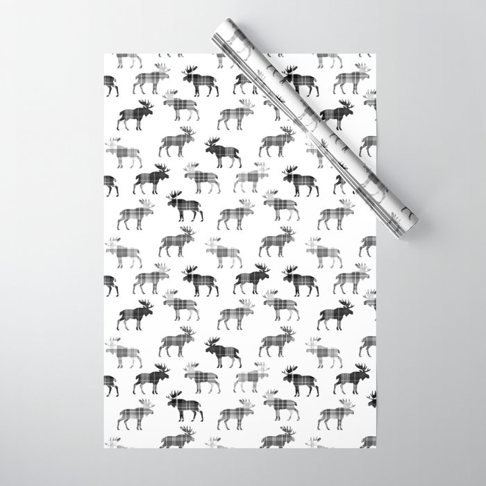 Moose Trot Black White Plaid Wrapping Paper by Thin Line