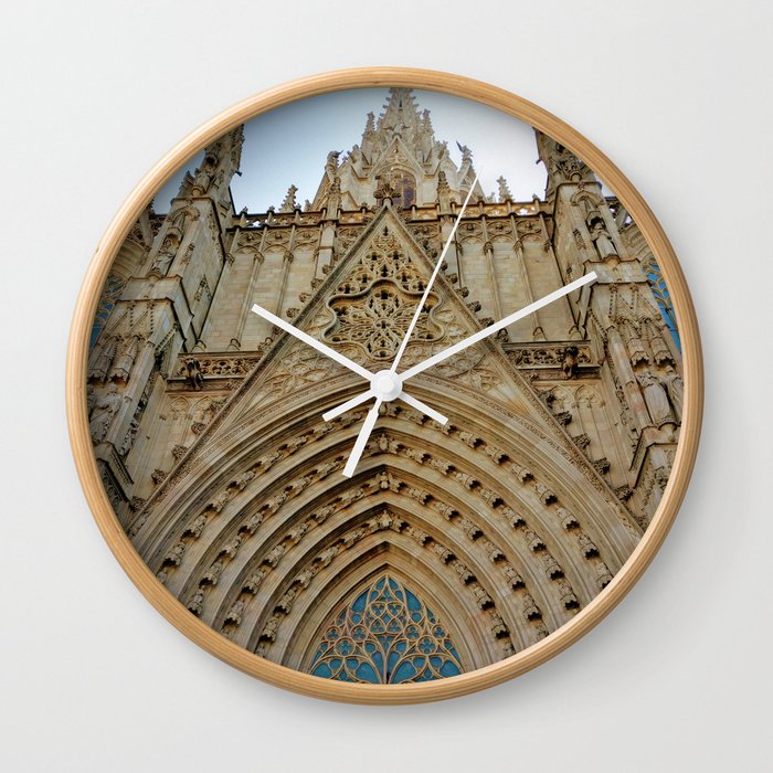 Spain Photography - Cathedral Of Barcelona Seen From Below Wall Clock
