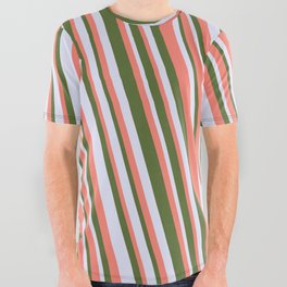 [ Thumbnail: Salmon, Dark Olive Green & Lavender Colored Lines Pattern All Over Graphic Tee ]