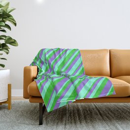 [ Thumbnail: Aquamarine, Lime Green, and Purple Colored Striped/Lined Pattern Throw Blanket ]