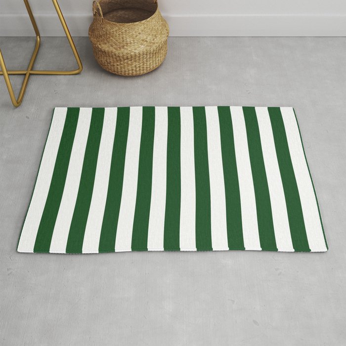 Large Forest Green and White Rustic Vertical Beach Stripes Rug