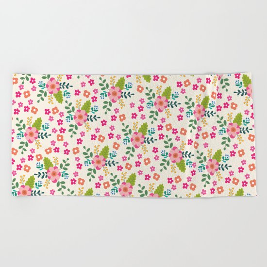 Pink Fuchsia Spring Flower Pattern Beach Towel