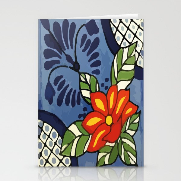 Vintage boho chic blue flower colorful mexican tile folk art  Stationery Cards