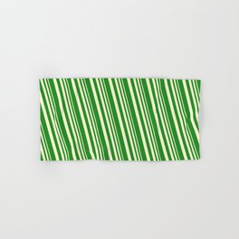 [ Thumbnail: Light Yellow and Forest Green Colored Lines/Stripes Pattern Hand & Bath Towel ]