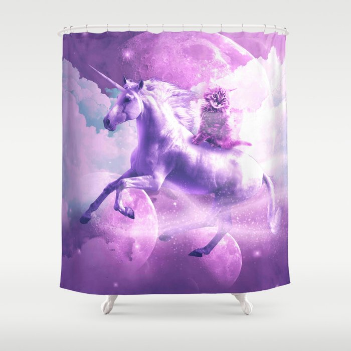 Kitty Cat Riding On Flying Space Galaxy Unicorn Shower Curtain By