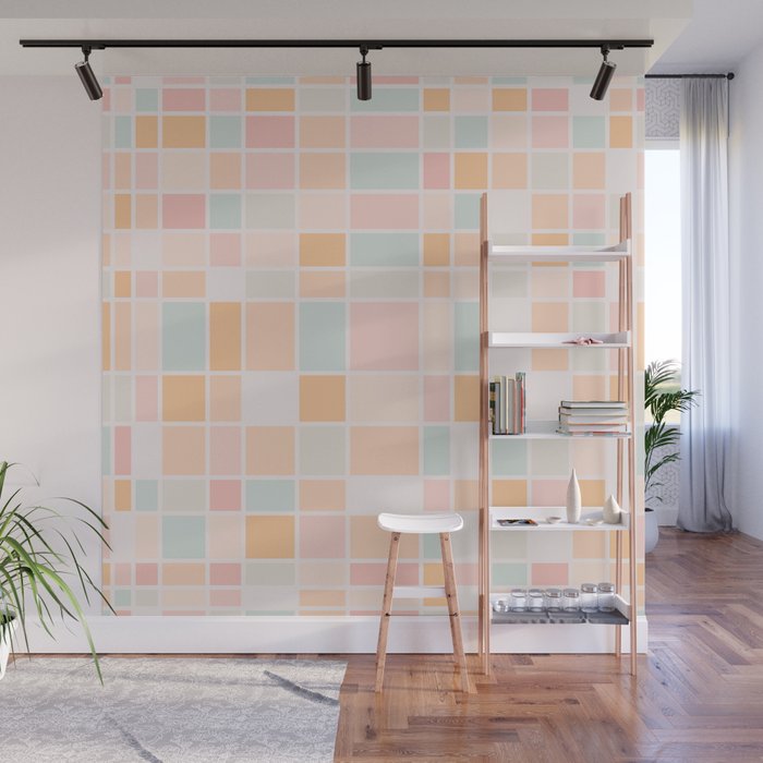 Mid Century Modern Abstract retro colored Grid pattern - Pink yellow and blue Wall Mural