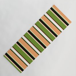 [ Thumbnail: Brown, White, Green, and Black Colored Striped/Lined Pattern Yoga Mat ]